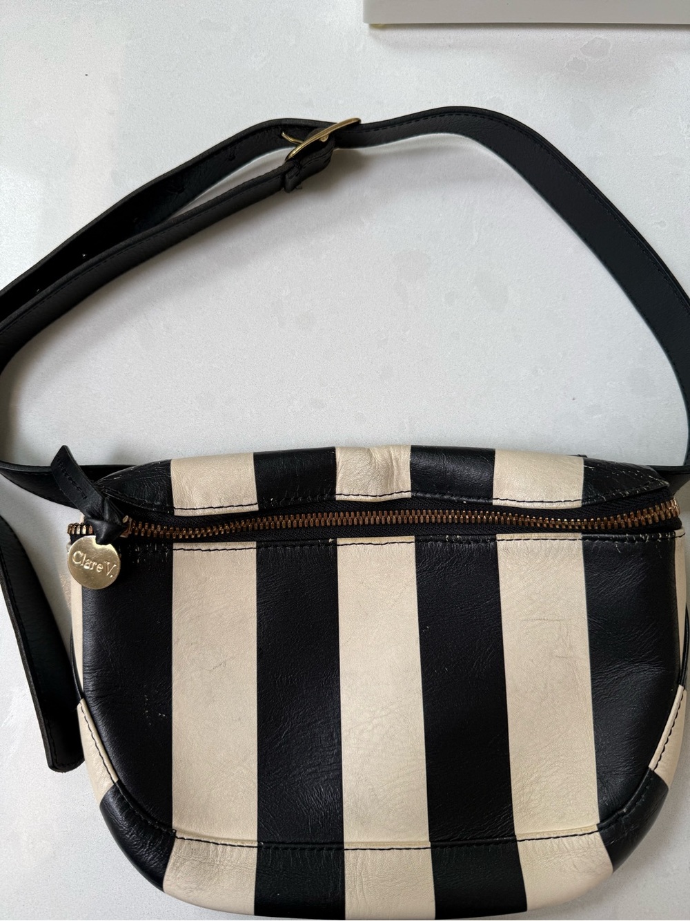 Clare V Black and Cream Stripe Leather Fanny Pack